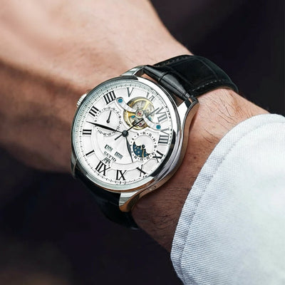 Moon Phase Mechanical Skeleton Watch With Roman Dial