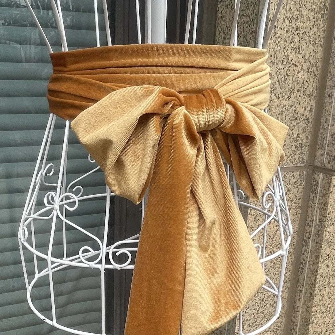 Velvet Bowknot Self Tie Waist Belt with Ribbon Ends