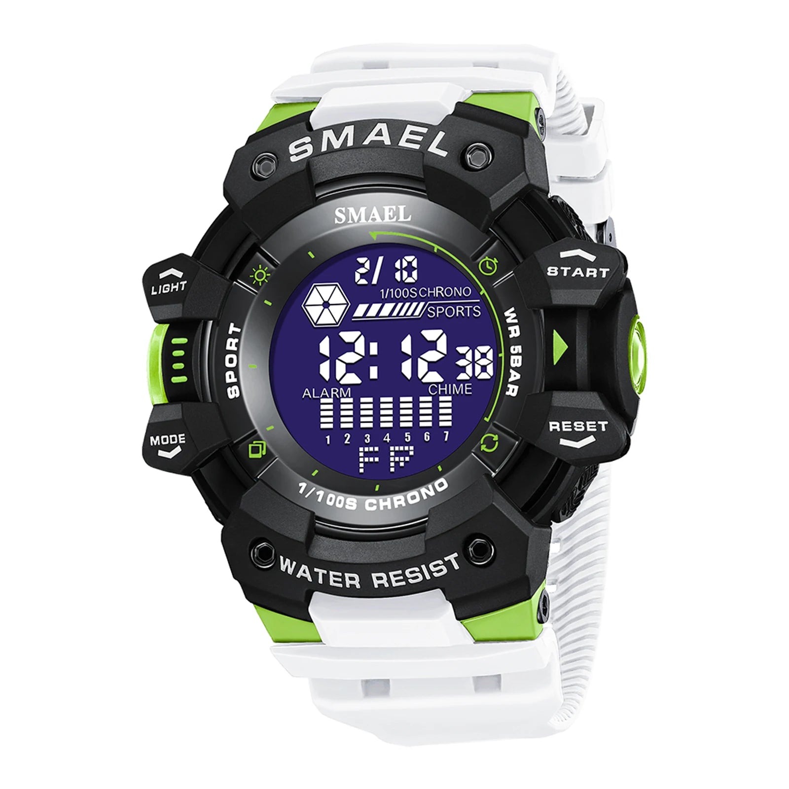 Sport Digital Watch with Backlight Chronograph - White Green