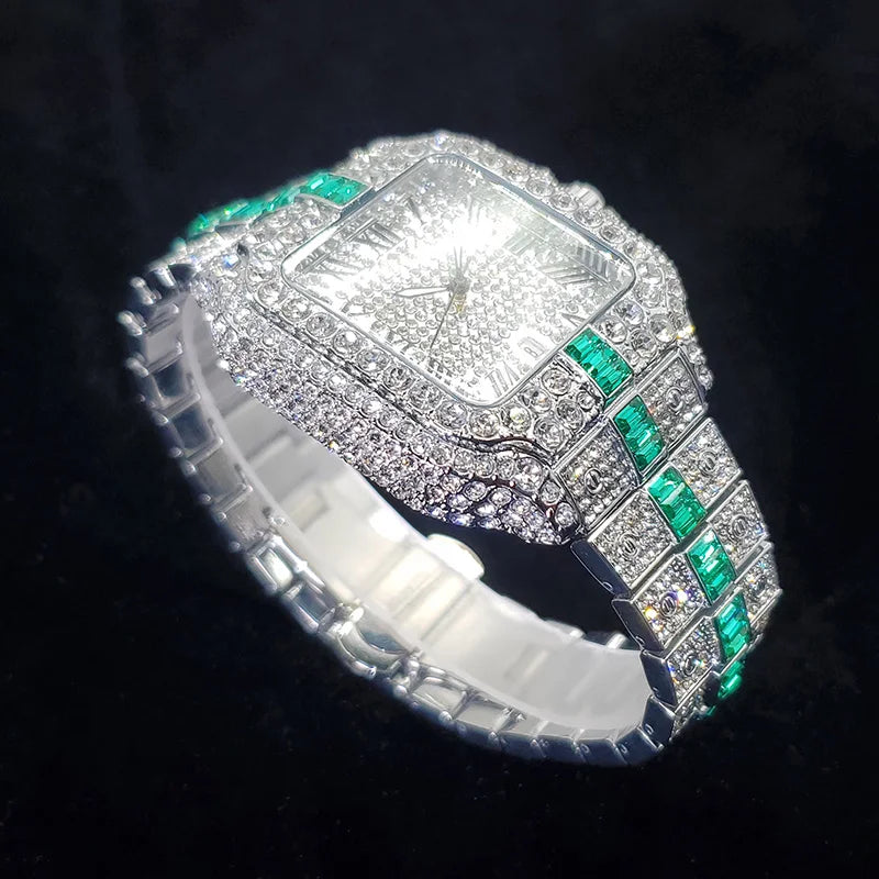 Square Dial Wristwatch With Embedded Stones Glamour