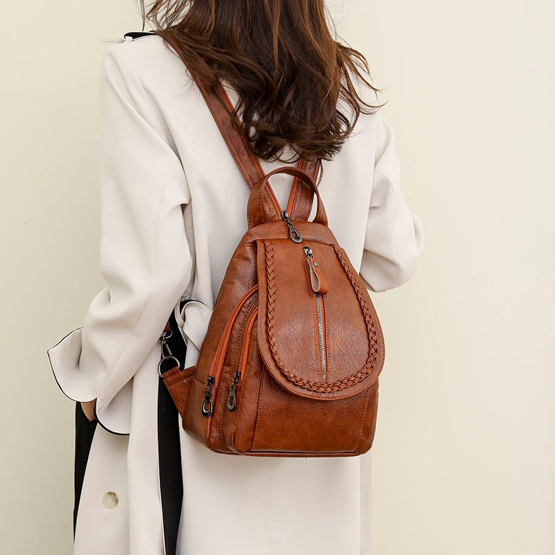 Soft Leather Backpack With Braided Flap Zipper Pocket