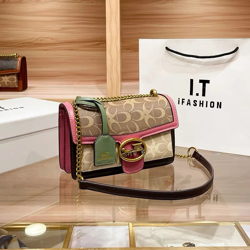 Geometric Satchel With Chain Strap and Flap Closure