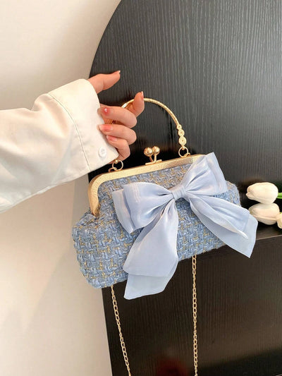 Elegant Handbag With Bow And Plaid Weave Chain Detail - WO2MEN
