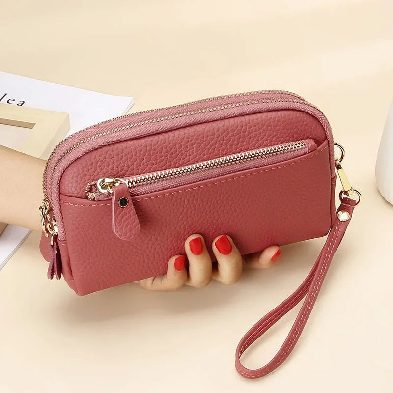Genuine Leather Wallet with Double Zip Wristlet