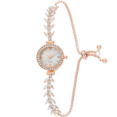 Round Bracelet Watch with Leaf Motif Band Elegant