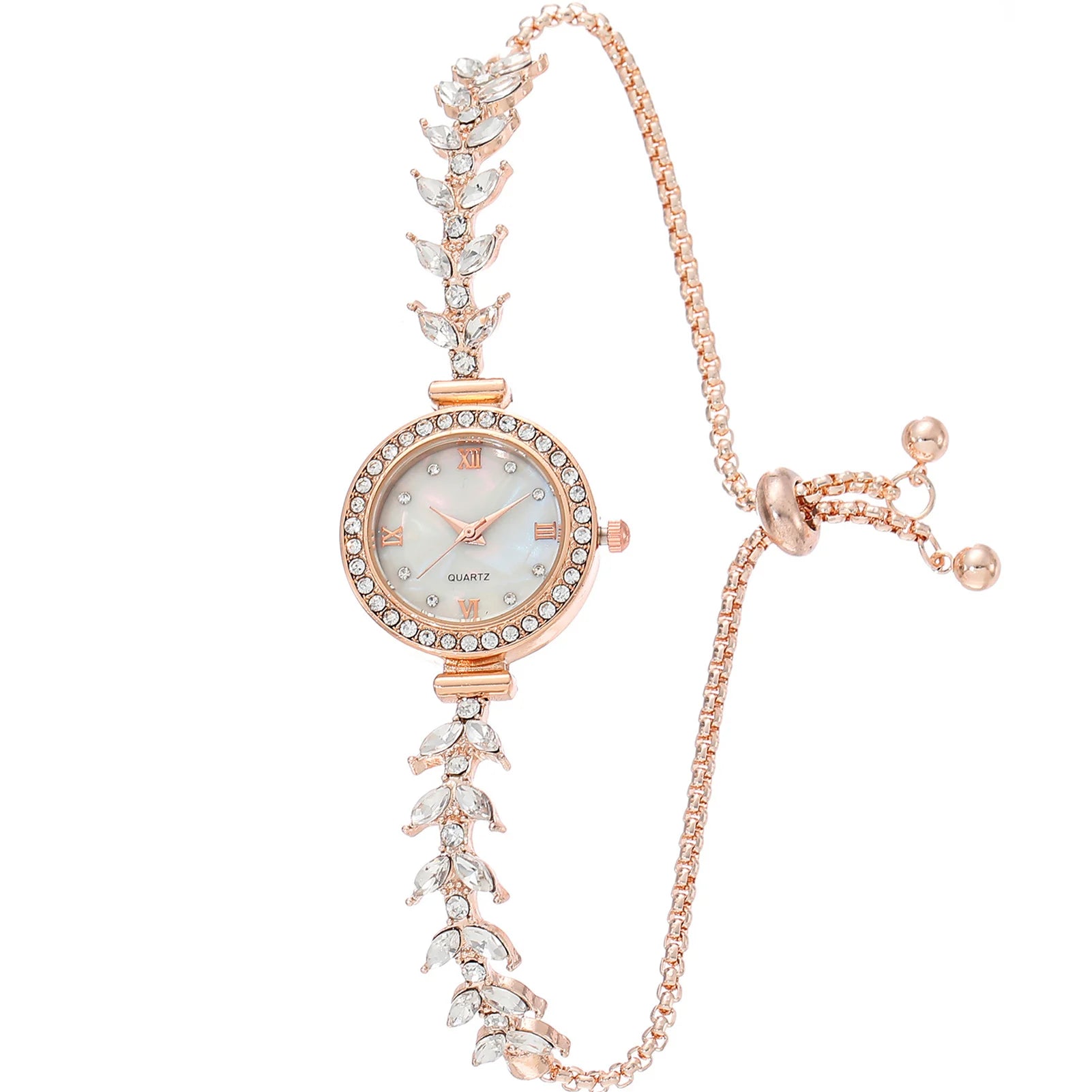 Round Bracelet Watch with Leaf Motif Band Elegant - Rose Gold