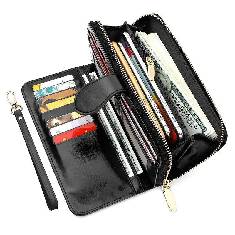 Zipped Long Wallet with Card Slots And Wrist Strap - Black