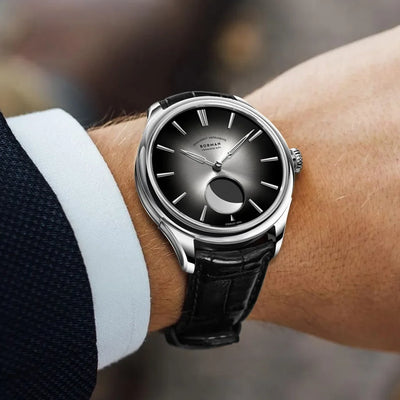 Moon Phase Automatic Watch Leather Strap Sapphire Dial