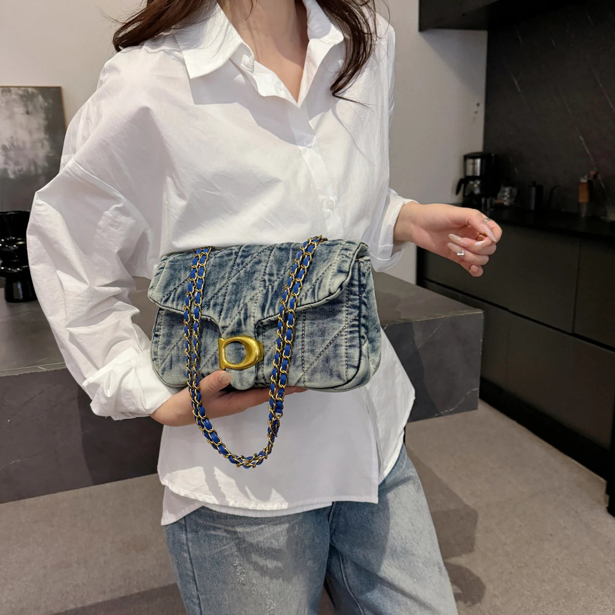 Quilted Shoulder Bag with Chain Strap Clasp Detail