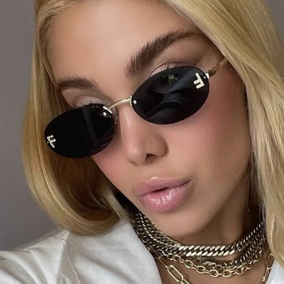 Sunglasses Diamond Oval Rimless with F Accent Frame - WO2MEN