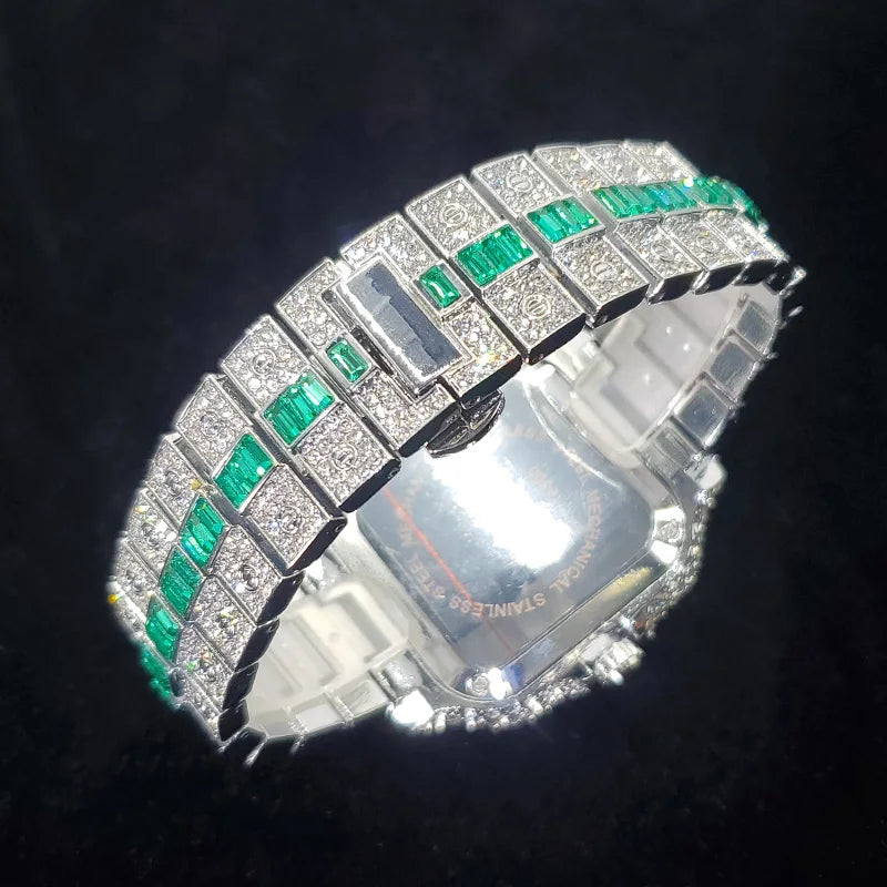 Square Dial Wristwatch With Embedded Stones Glamour