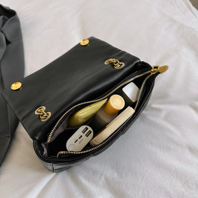 Quilted Chain Flap Shoulder Bag With Gold Logo Accent