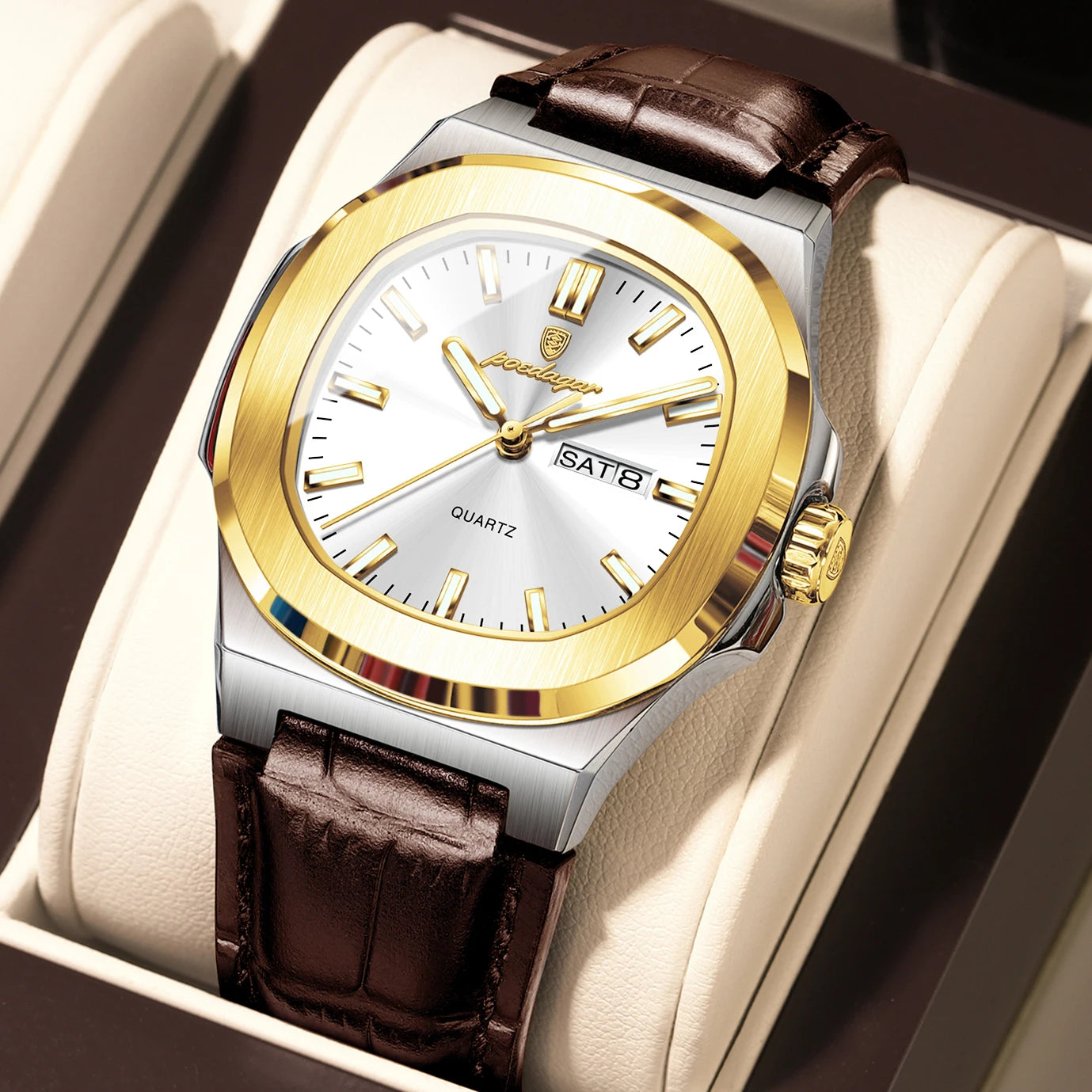 Watch Square Case Leather Strap with Date Window