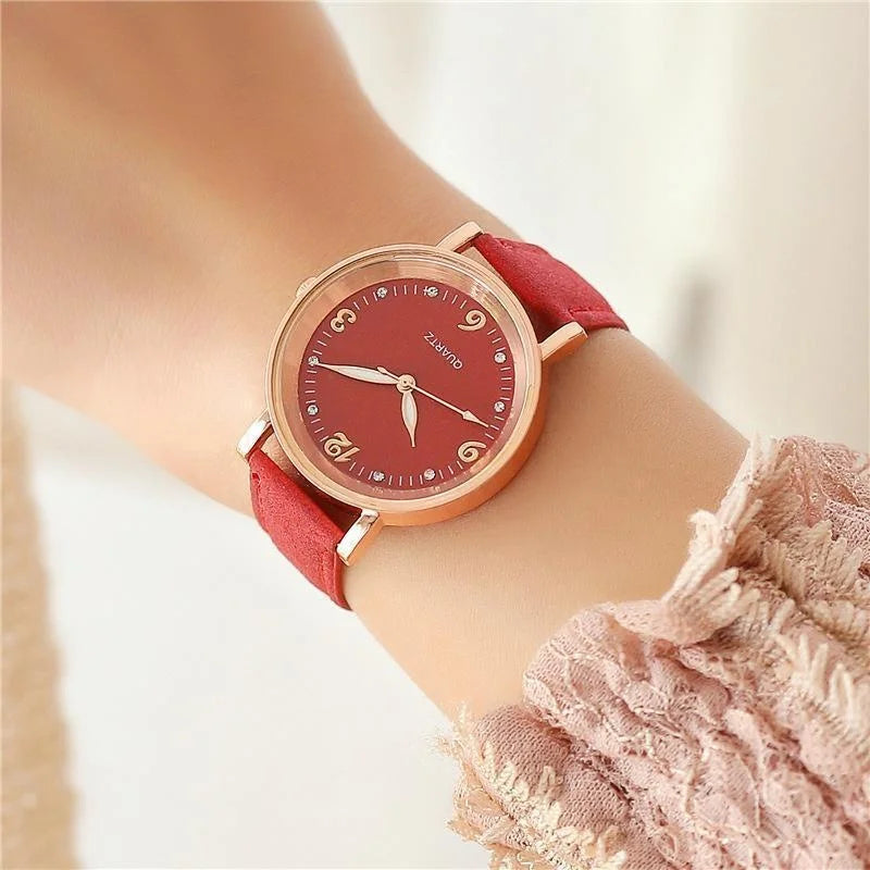 Women Leather Band Quartz Watch with Crystal Markers