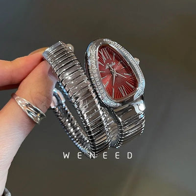 Gilded Crystal Snake Bangle Watch with Diamond Rim