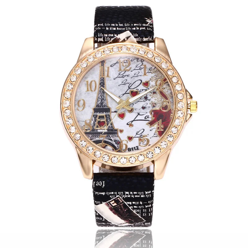Eiffel Tower Dial Watch With Crystal Bezel Fashion - Black