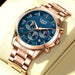 Moon Phase Chronograph Watch Auto Date Waterproof - Rose Gold Blue