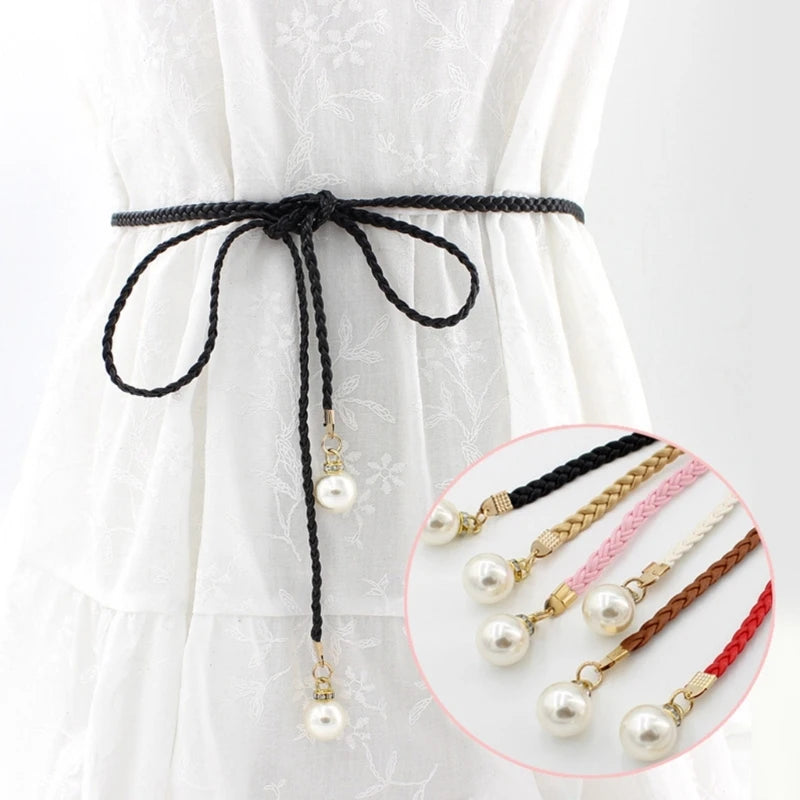 Braided Pearl End Belt with Hanging Pearl Charms