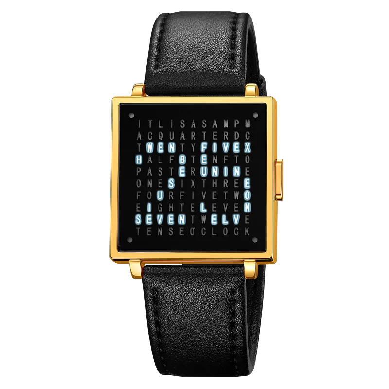 Square Digital Wristwatch with Leather Strap LED - Gold Black