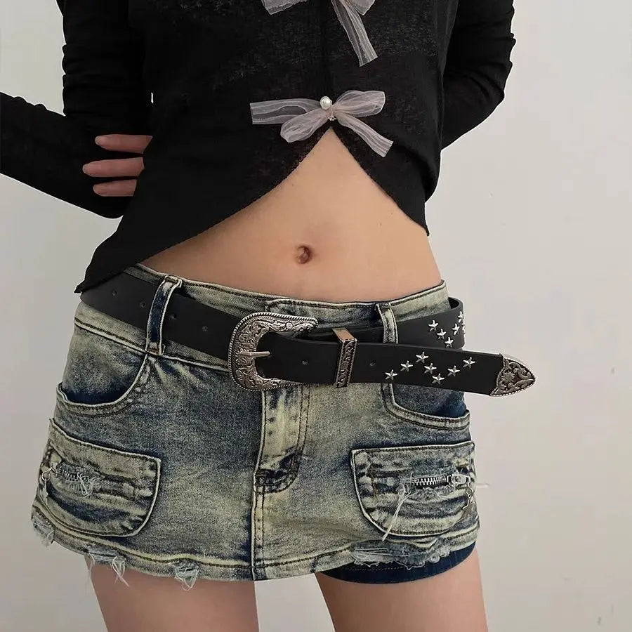 Star Rivet Belt with Ornate Buckle and Star Studs