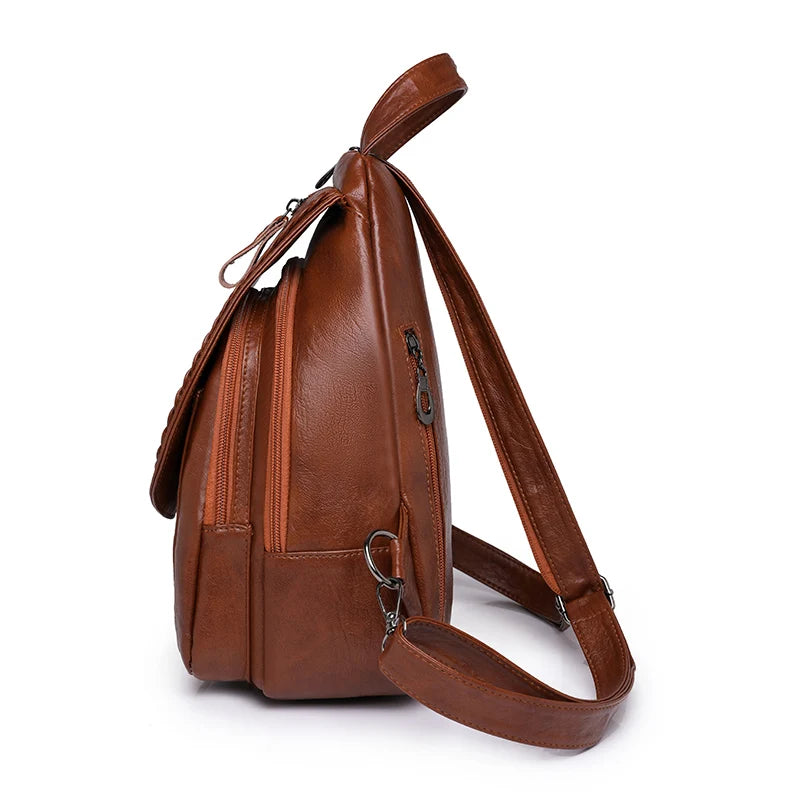 Soft Leather Backpack With Braided Flap Zipper Pocket