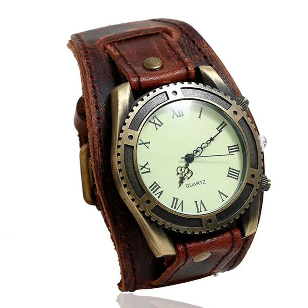 Vintage Cow Leather Bracelet Watch Roman Numeral Dial