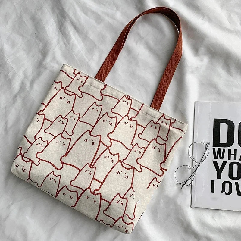 Canvas Tote Bag Cat Print Casual Everyday Tote