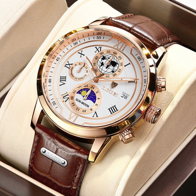 Moon Phase Chronograph Watch with Roman Numeral Dial