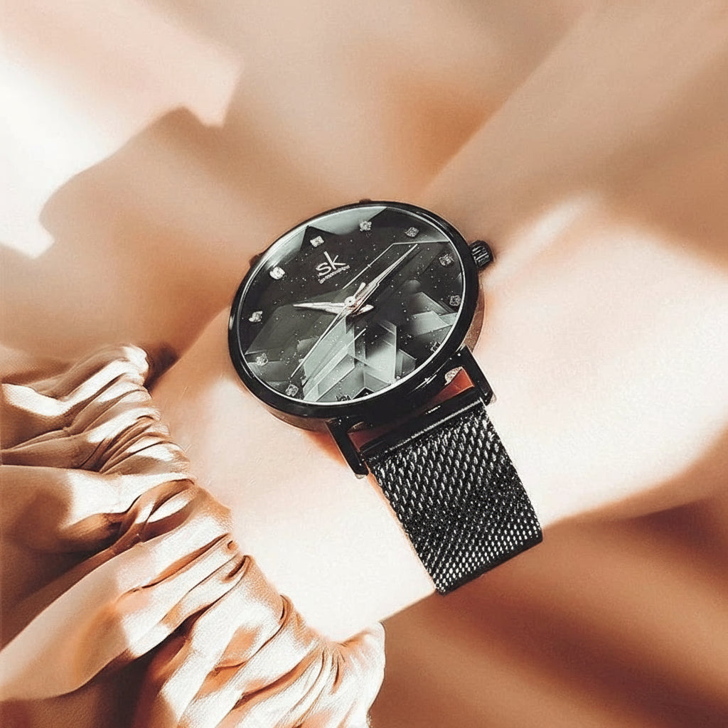 Geometric Dial Mesh Band Watch With Crystal Accents - WO2MEN