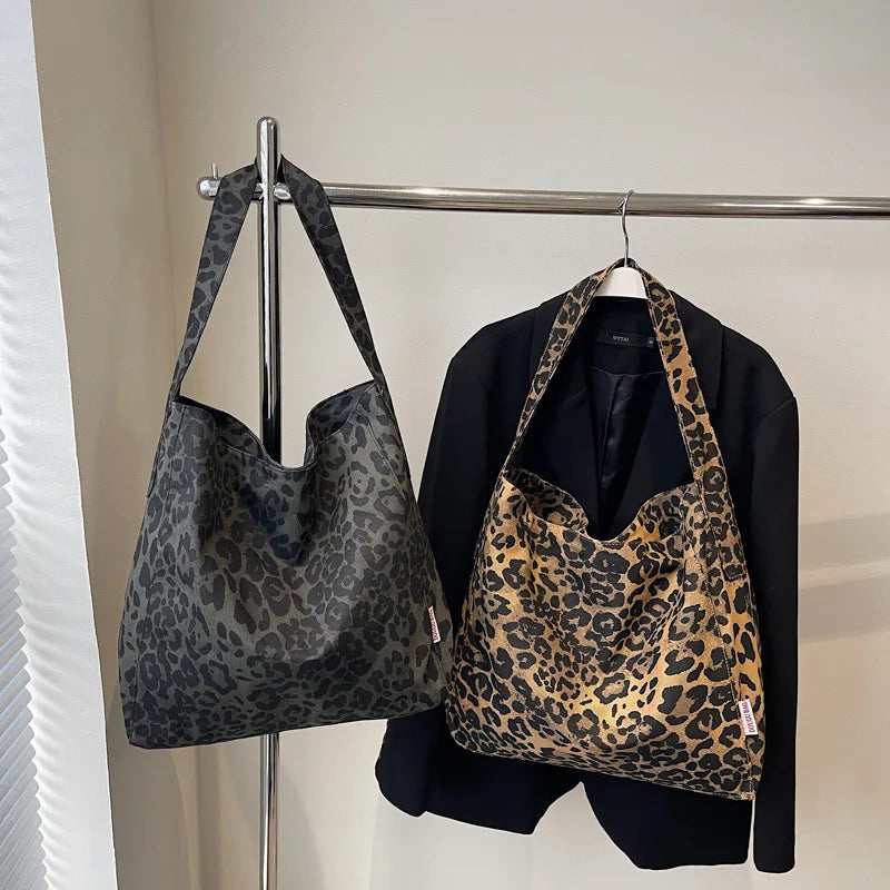 Leopard Pattern Shoulder Bag Vintage Large Tote Two Handles