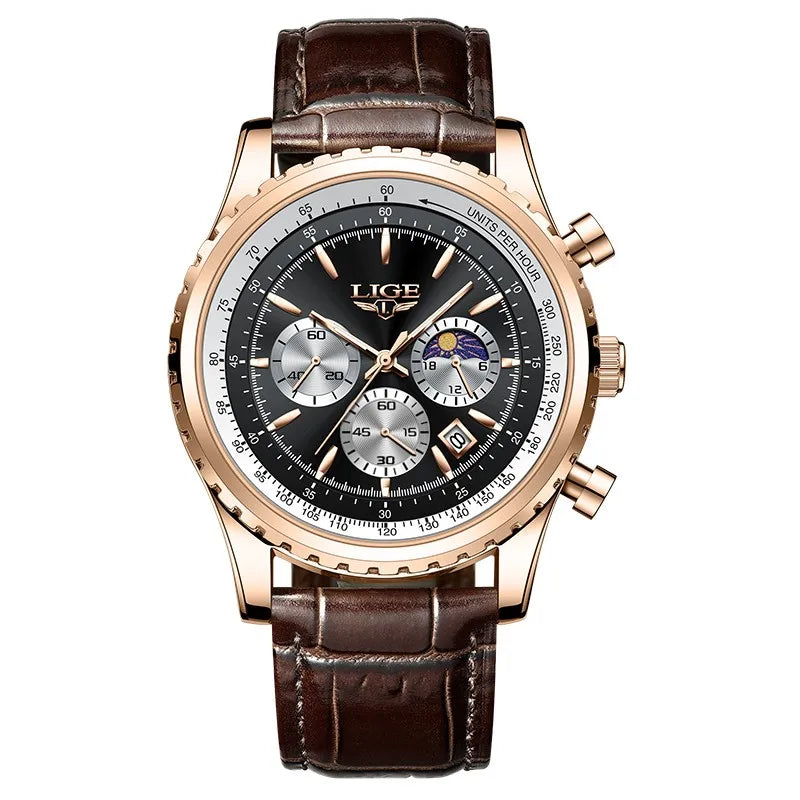 Mens Leather Strap Chronograph Wristwatch Moon Phase