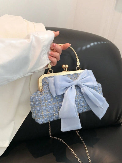 Elegant Handbag With Bow And Plaid Weave Chain Detail - WO2MEN