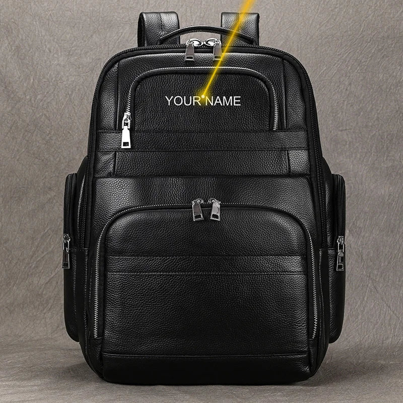 Double Layer Leather Backpack for Men with USB Charging