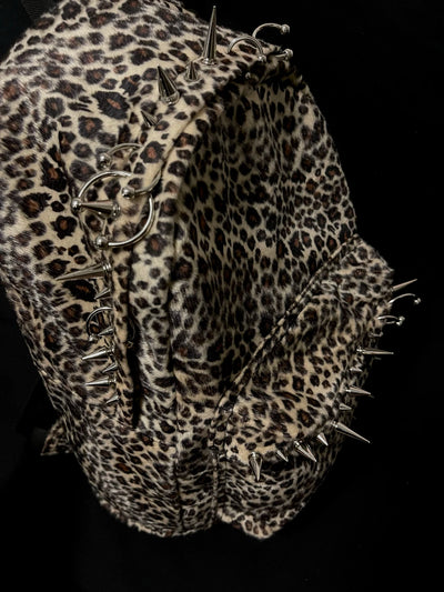 Leopard Print Spike Studded Backpack Large Capacity