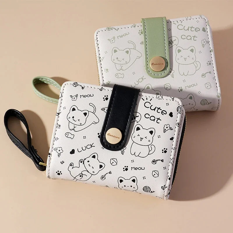 Cat Pattern Zipper Wallet With Strap Card Holder Chic