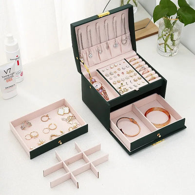 Jewelry Box With Three Layer Drawer Organizer and Rings - WO2MEN