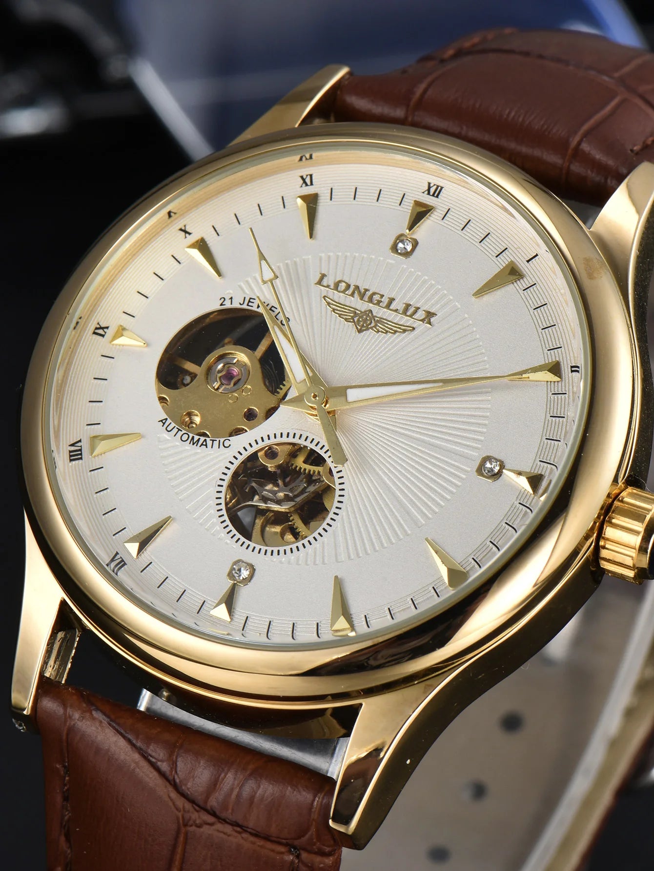 Mechanical Wristwatch Open Heart Leather Strap