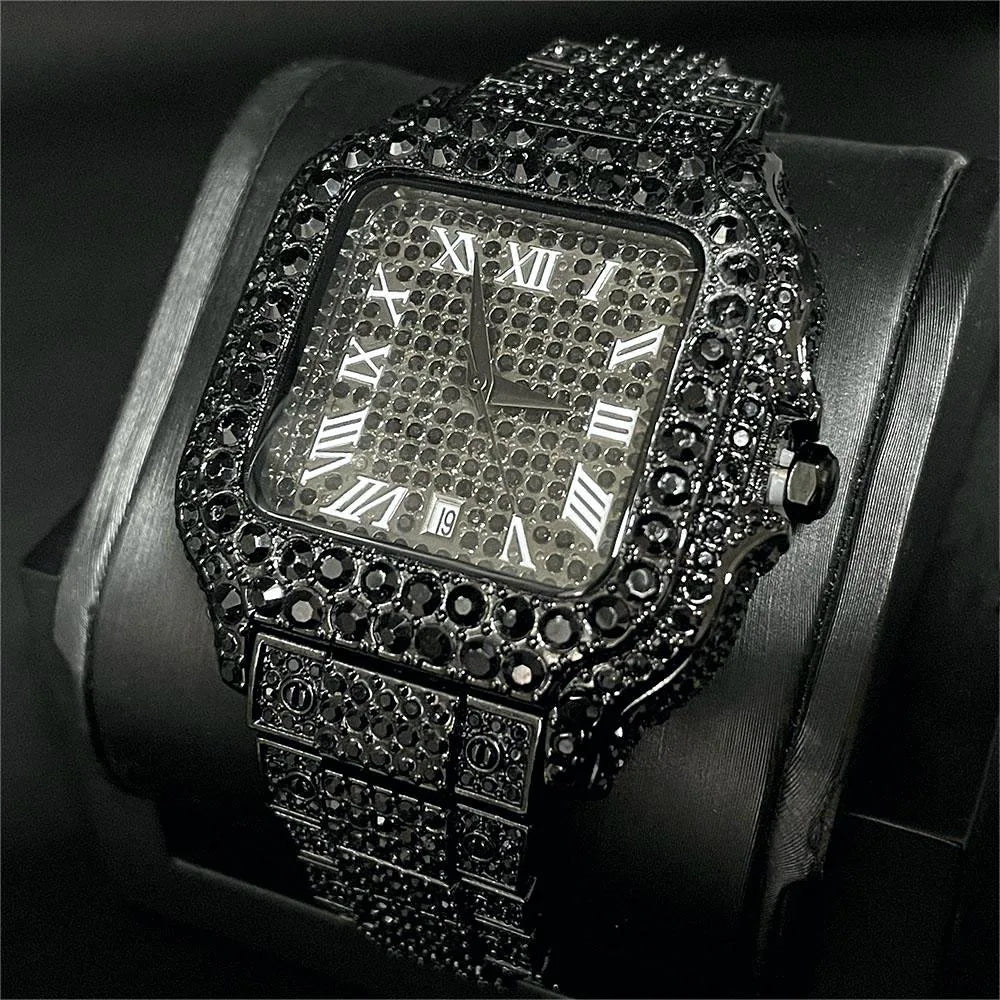 Square Dial Full Diamond Wristwatch Water Resistant - Black