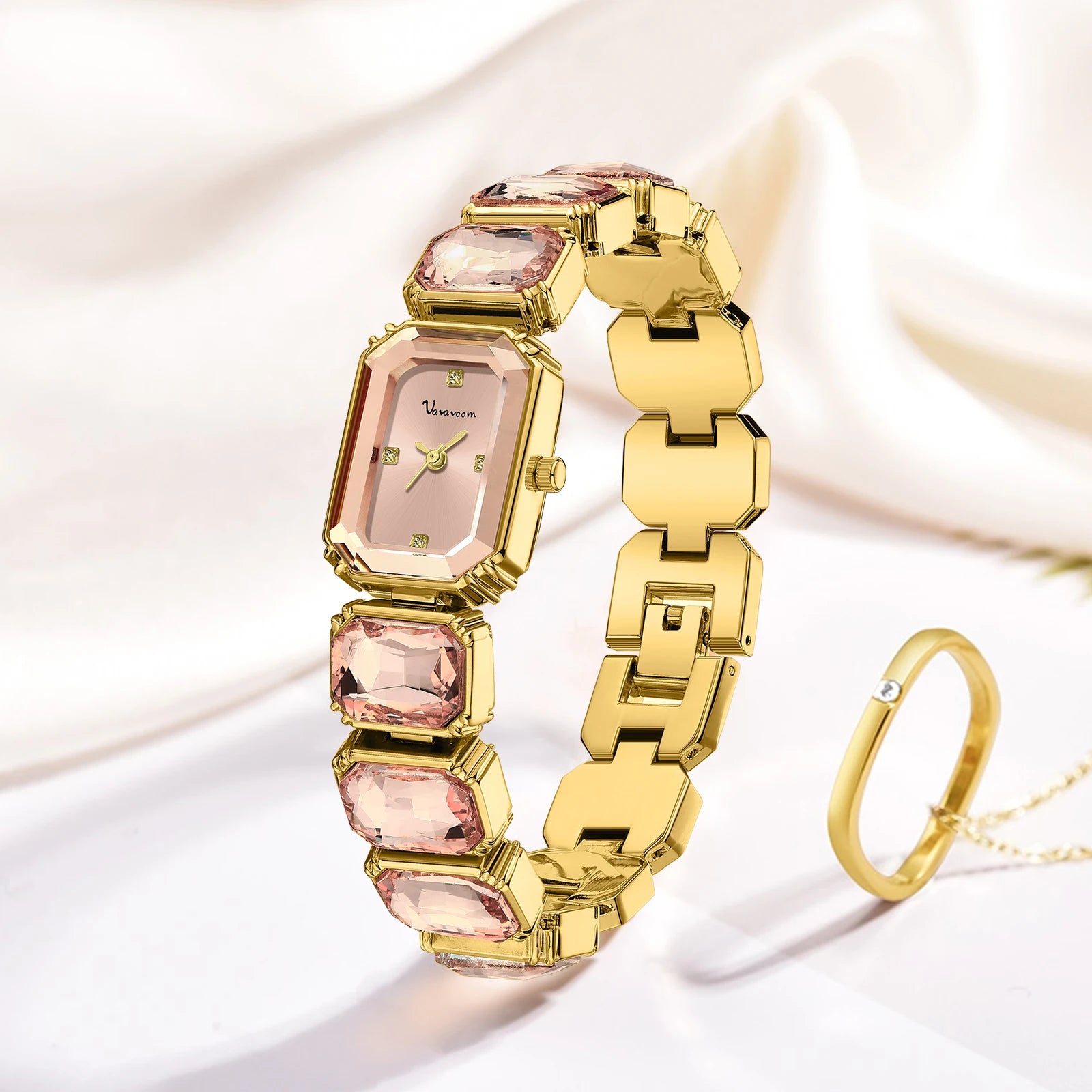 Women Square Watch with Decorative Stones Band - F