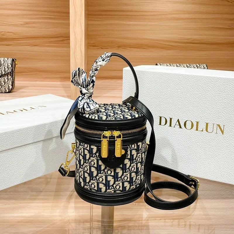 Embroidered Barrel Bag With Scarf Accent Shoulder Strap