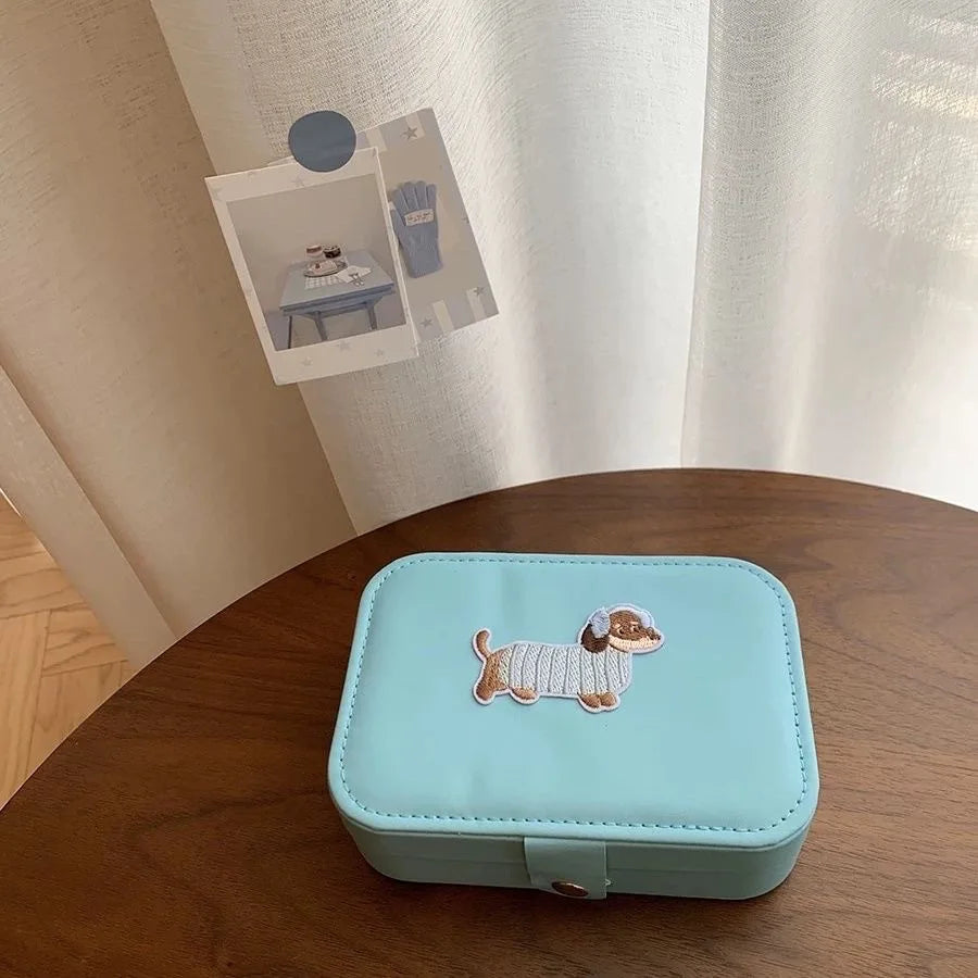 Embroidered Dog Jewelry Storage Box with Compartments - Blue