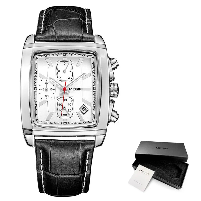 Rectangular Chronograph Watch with Luminous Hands - Black White Box