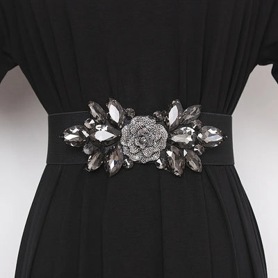 Flower Beaded Elastic Cummerbund Belt Rhinestone Rose