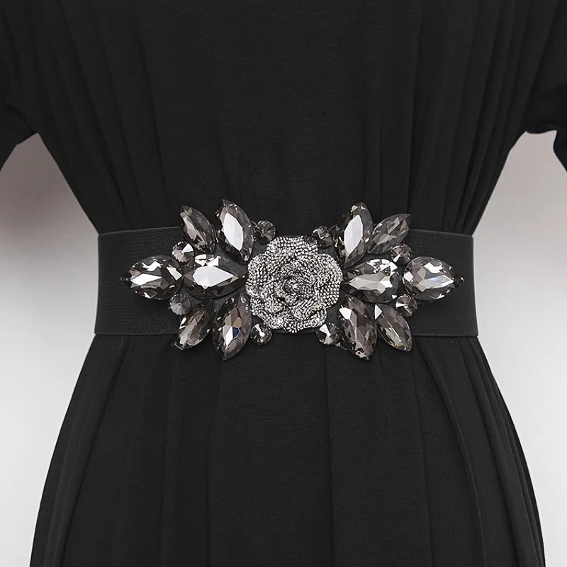 Flower Beaded Elastic Cummerbund Belt Rhinestone Rose