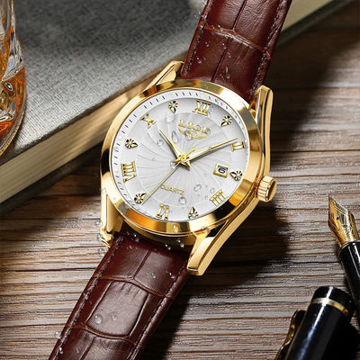 Watch with Leather Strap Roman Numeral Dial Timepiece