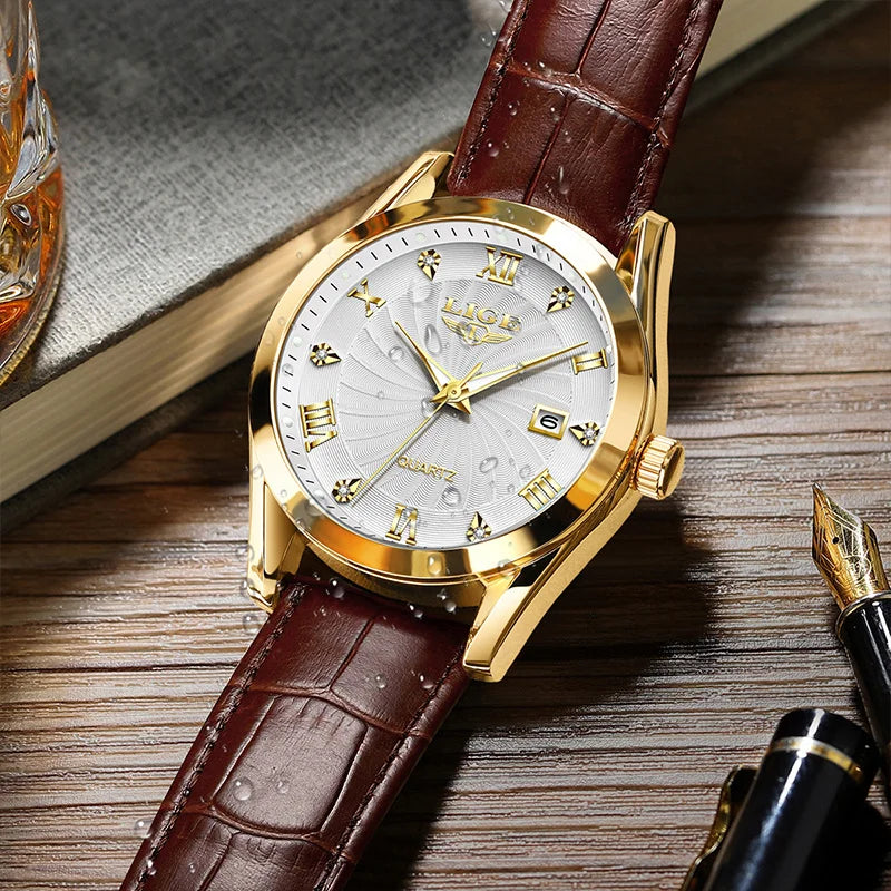 Watch with Leather Strap Roman Numeral Dial Timepiece