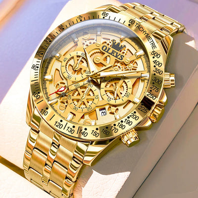 Gold Skeleton Dial Quartz Watch with Chronograph - All Gold