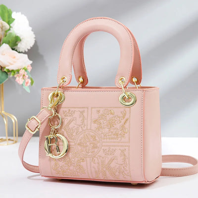 Embroidered Satchel With Gold Hardware Charm Detail