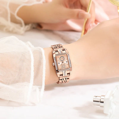Rectangular Crystal Watch For Women With Rhinestones - WO2MEN