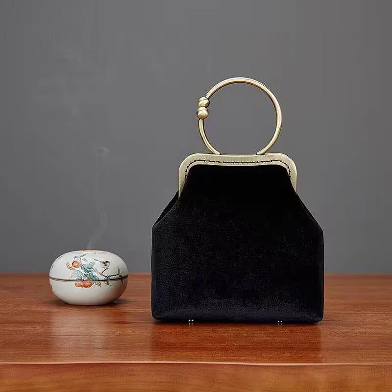 Ring Handle Handbag with Floral Embroidery Tassel